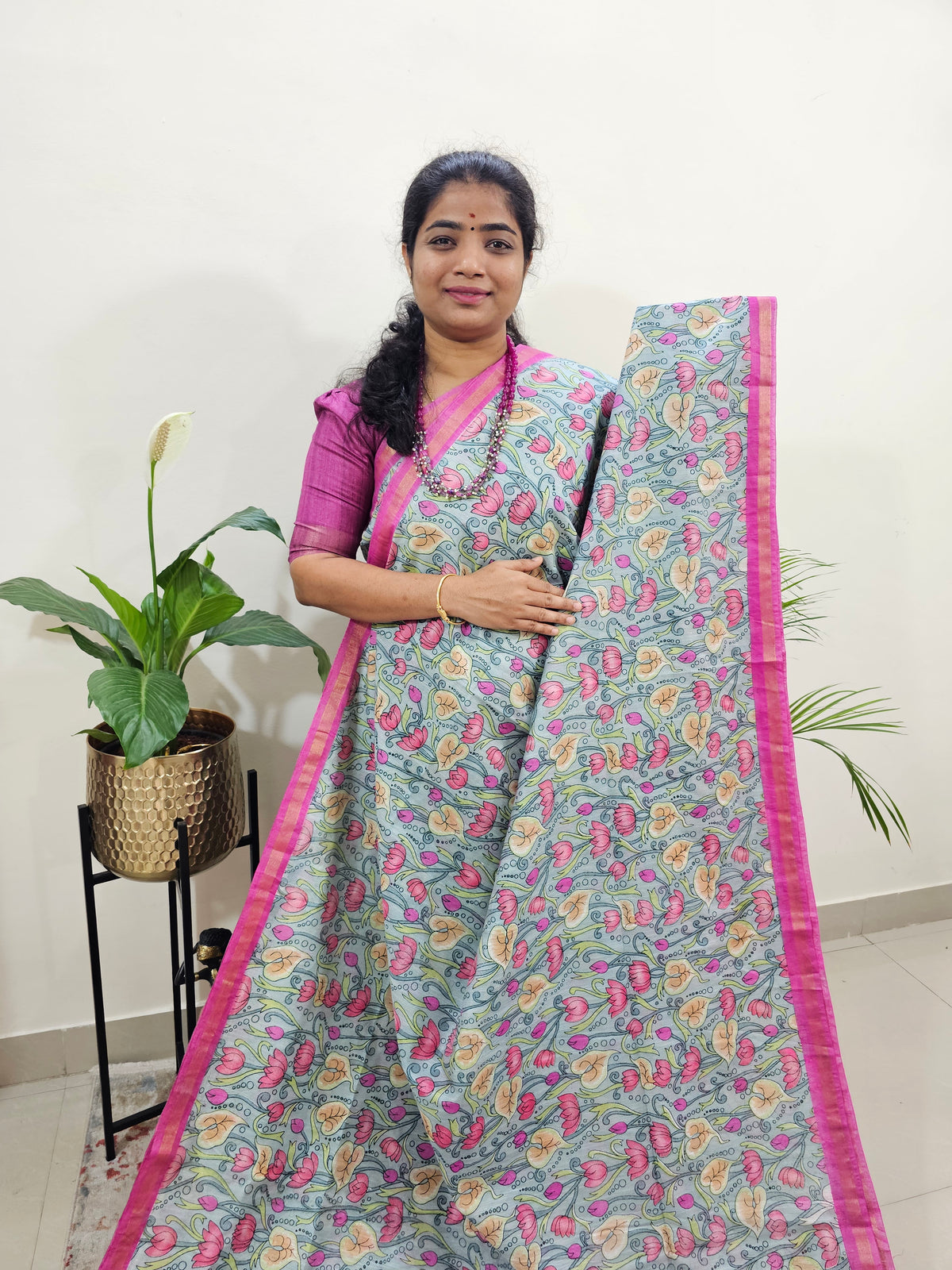 Tussar by Cotton Kalamkari- Grey with Pink