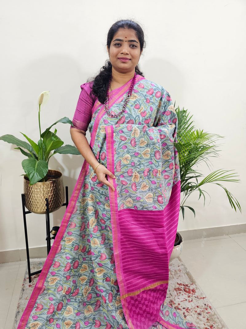 Tussar by Cotton Kalamkari- Grey with Pink