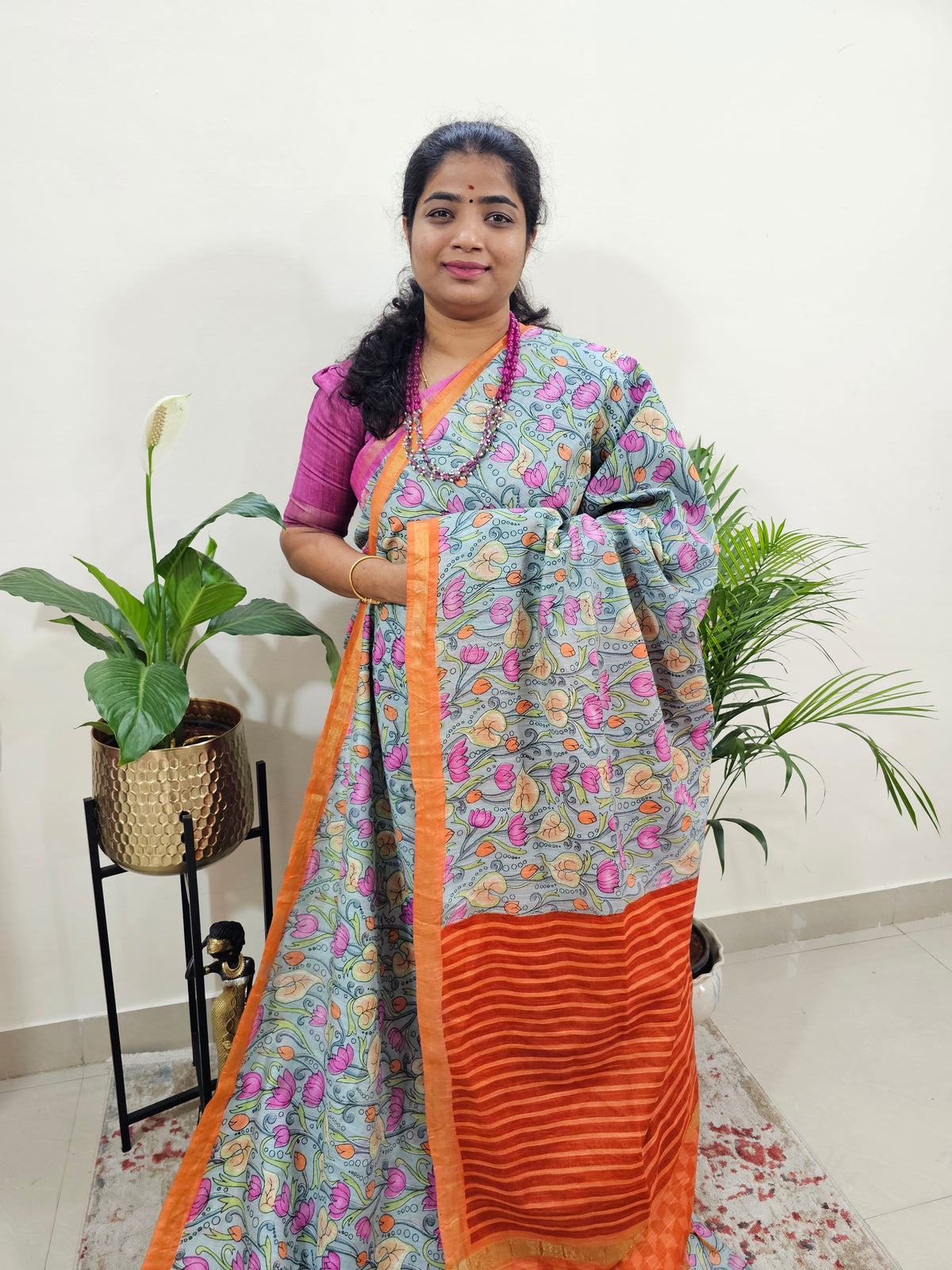 Tussar by Cotton Kalamkari- Grey with Orange