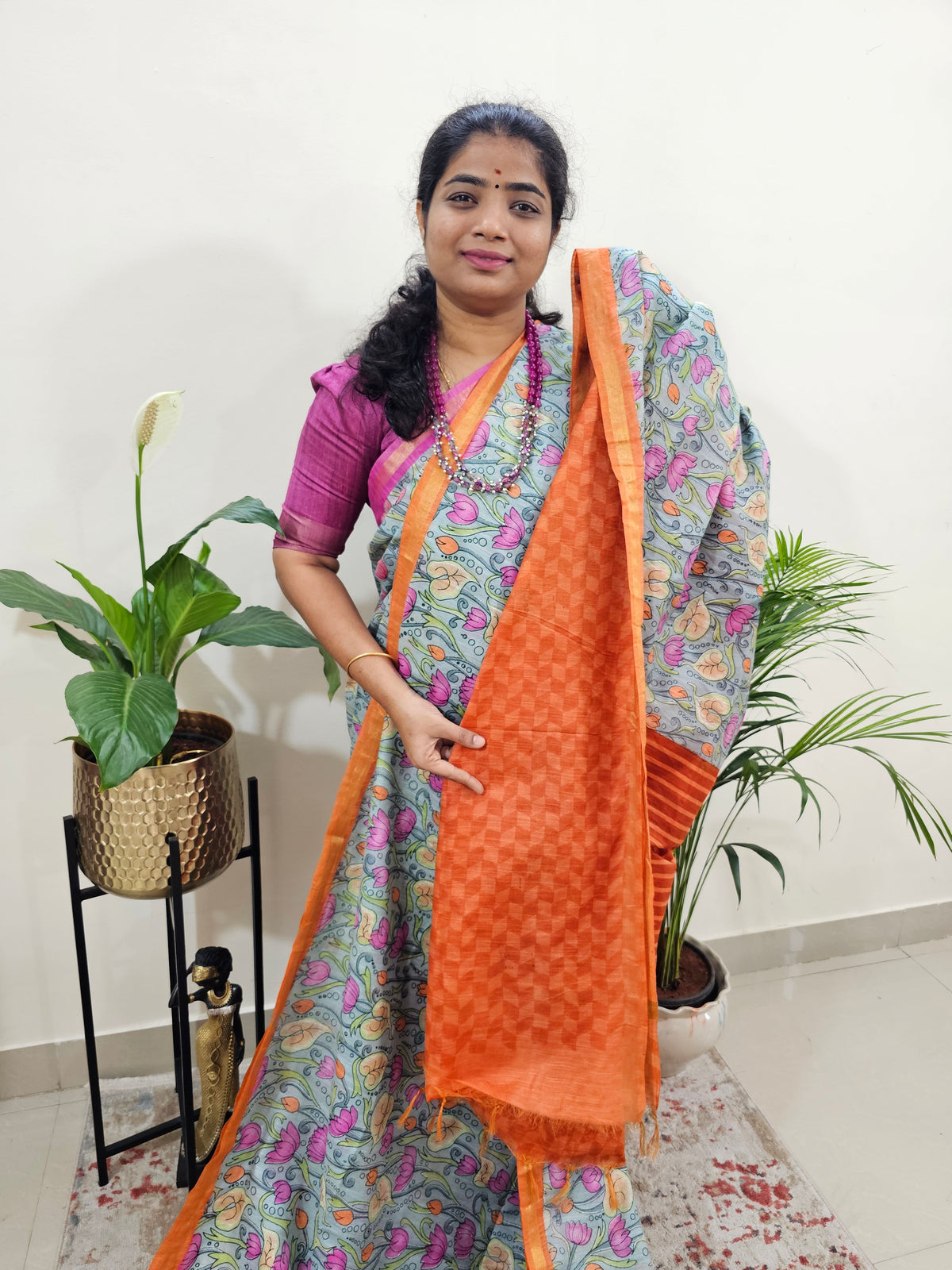 Tussar by Cotton Kalamkari- Grey with Orange