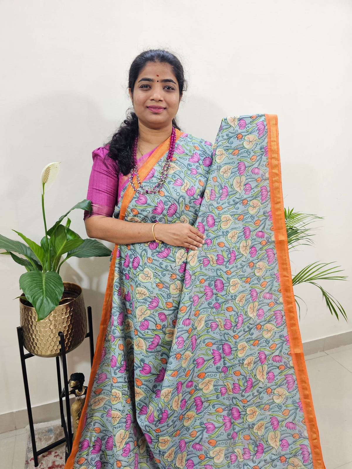 Tussar by Cotton Kalamkari- Grey with Orange