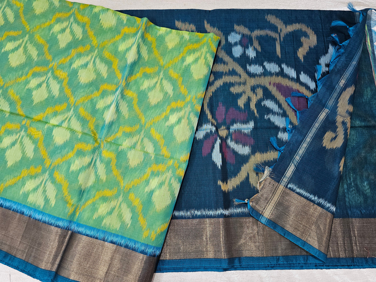 Sea Green with Peacock Green Pochampally Ikkat Silk Cotton (SICO Pattu)