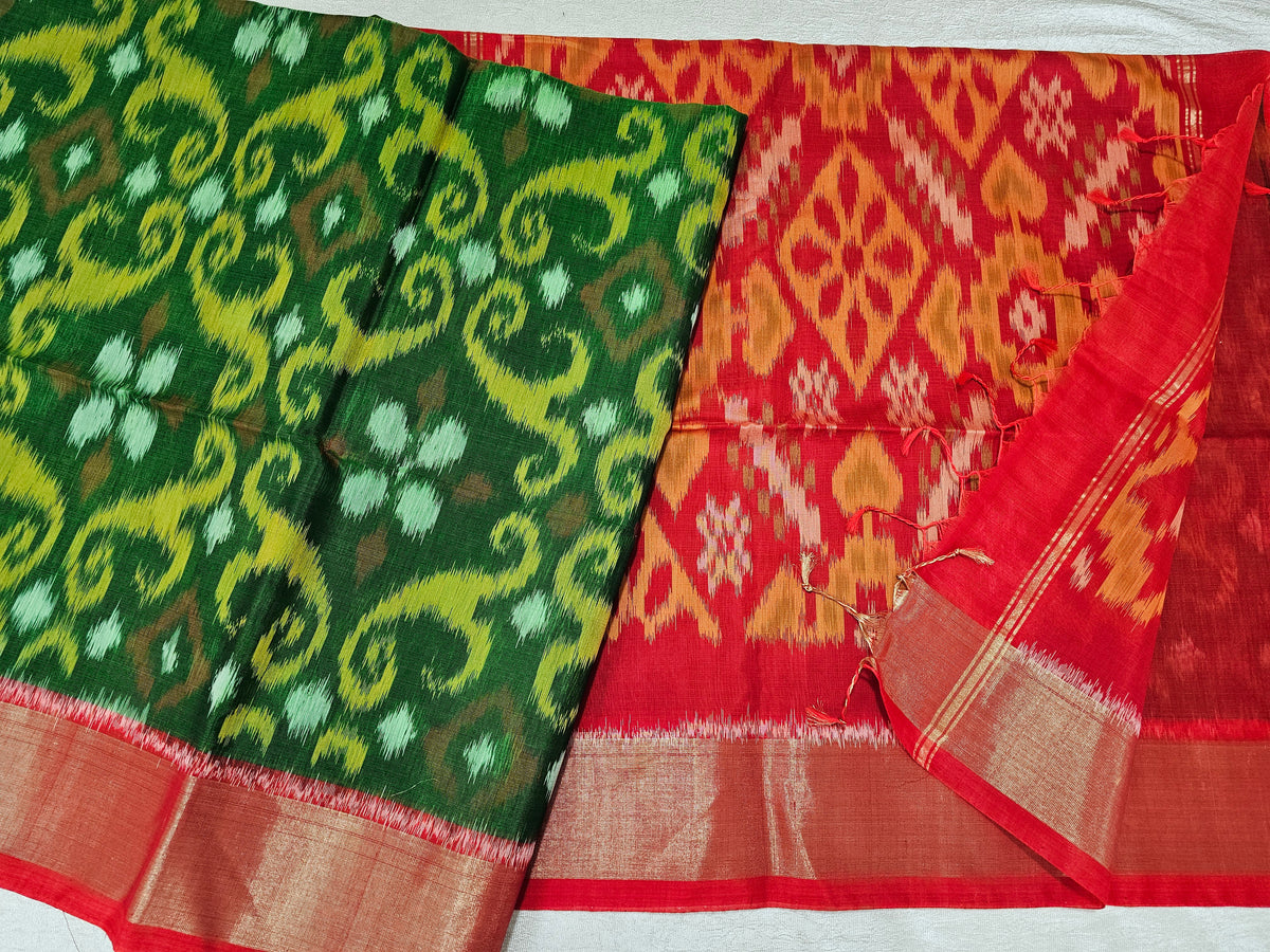 Green with Orange Pochampally Ikkat Silk Cotton (SICO Pattu)