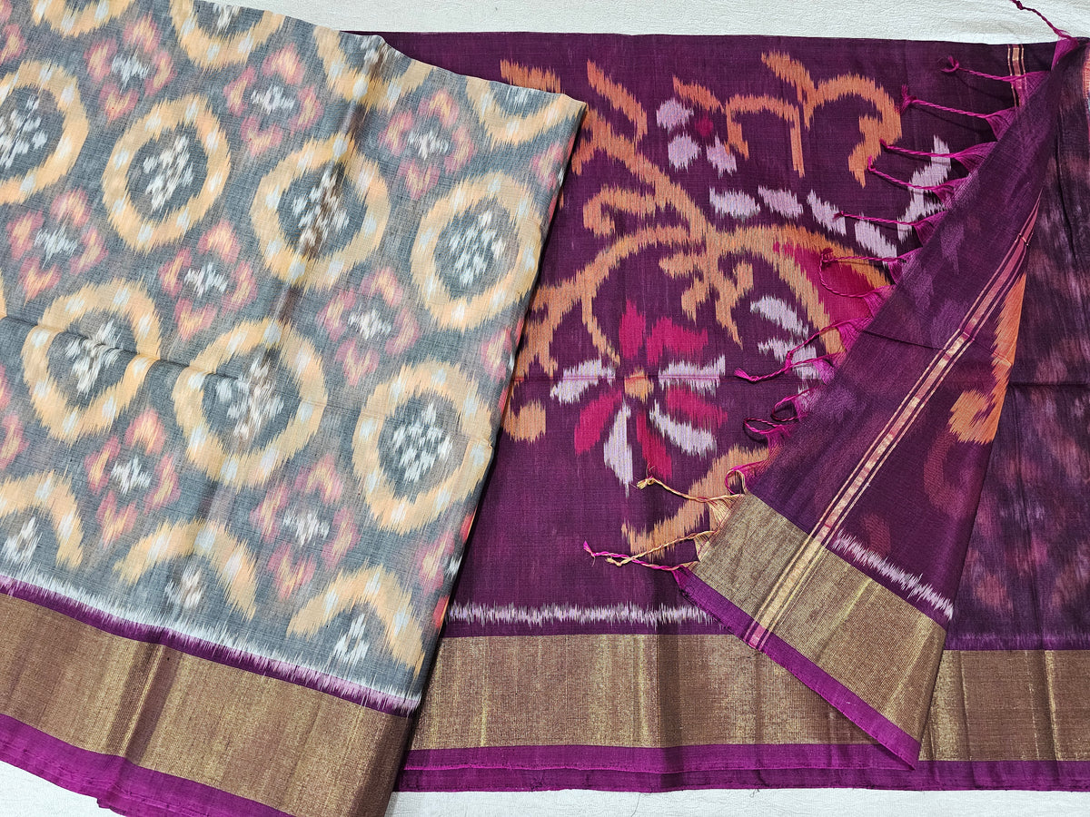 Grey with Magenta Pink Pochampally Ikkat Silk Cotton (SICO Pattu)