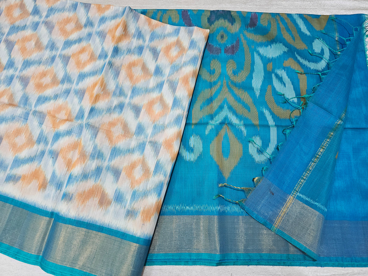 Off-white with Blue Pochampally Ikkat Silk Cotton (SICO Pattu)