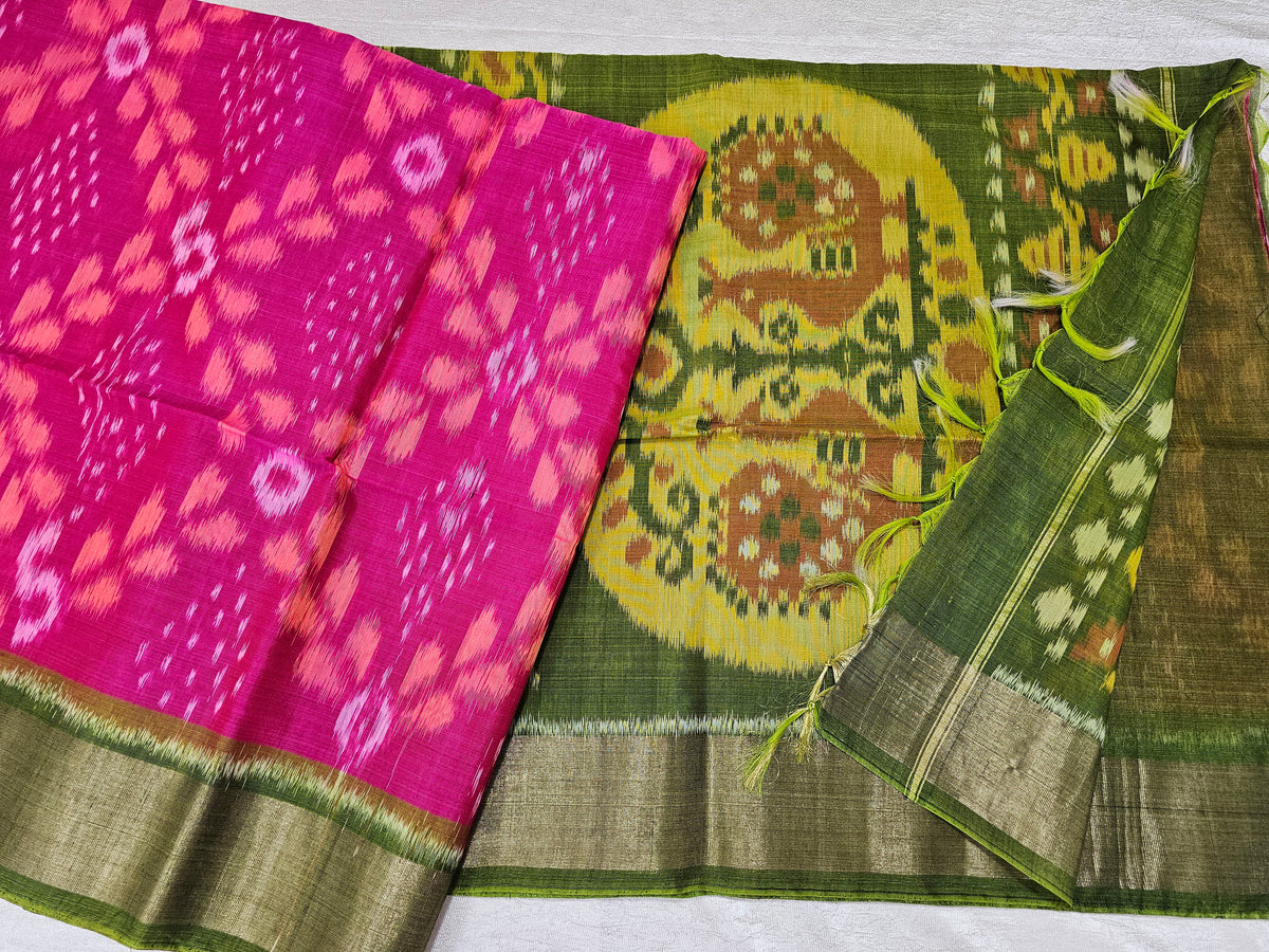 Pink with Green Pochampally Ikkat Silk Cotton (SICO Pattu)