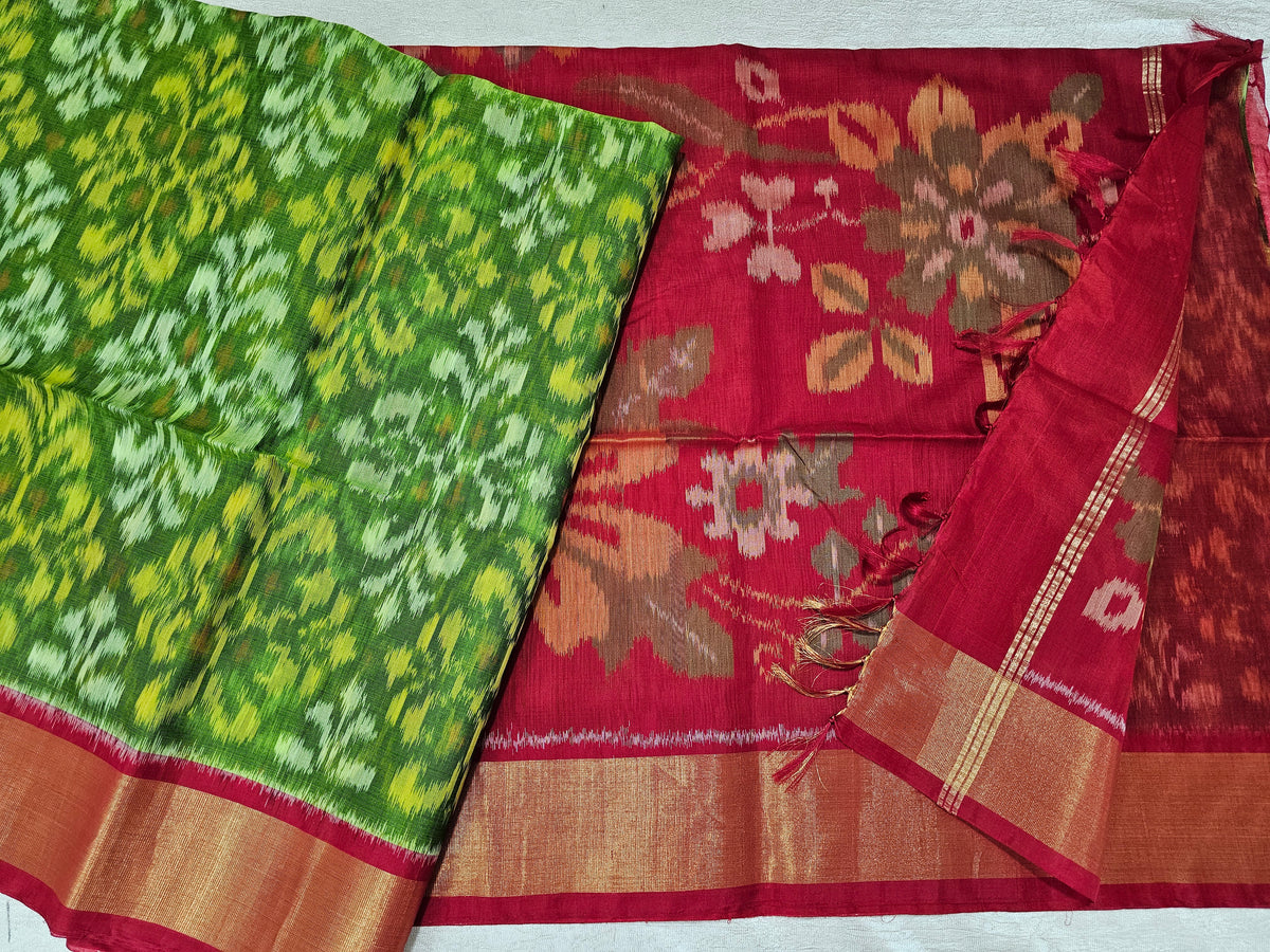 Green with Red Pochampally Ikkat Silk Cotton (SICO Pattu)