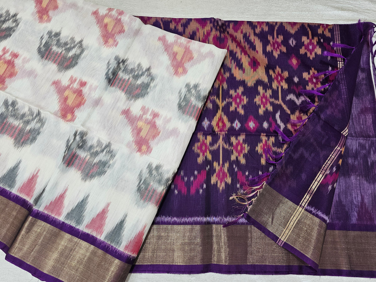 Off-white with Purple Pochampally Ikkat Silk Cotton (SICO Pattu)