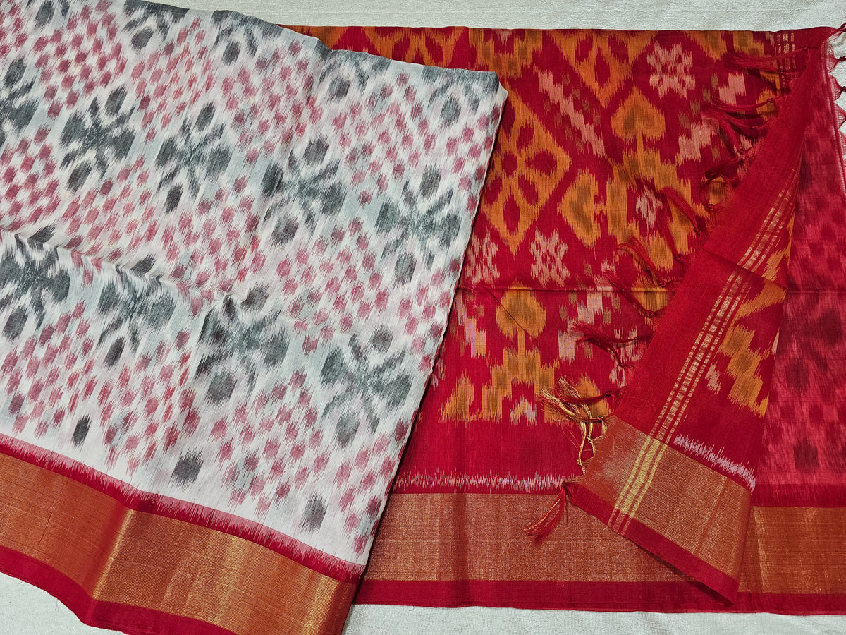 Off-white with Red Pochampally Ikkat Silk Cotton (SICO Pattu)