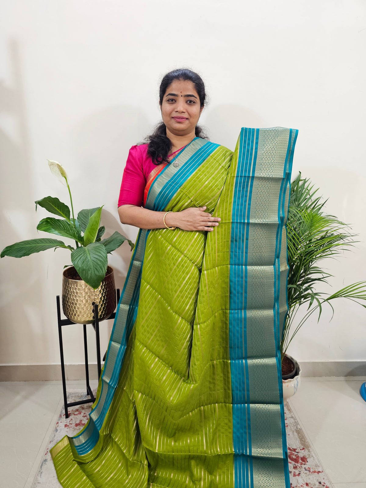 Semi Tussar Georgette with Zari Woven Saree Border - Green with Blue