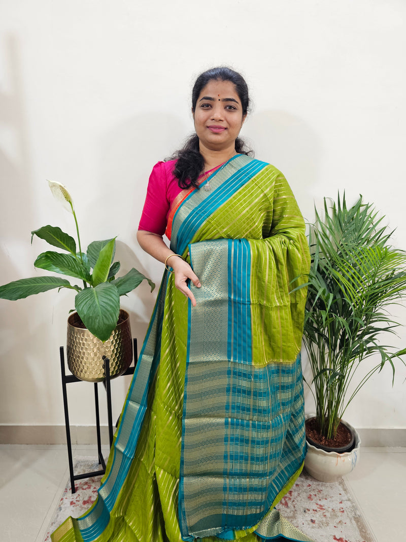 Semi Tussar Georgette with Zari Woven Saree Border - Green with Blue