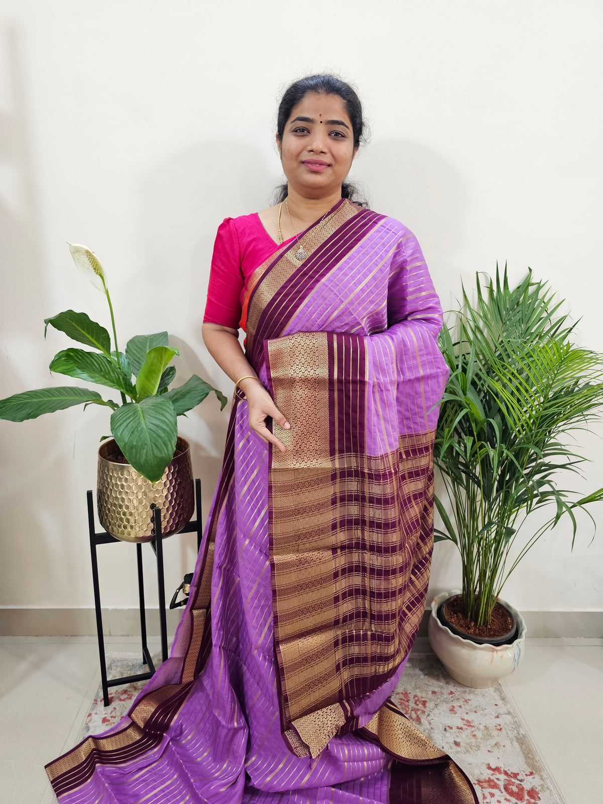 Semi Tussar Georgette with Zari Woven Saree Border - Lavender with Dark Purple