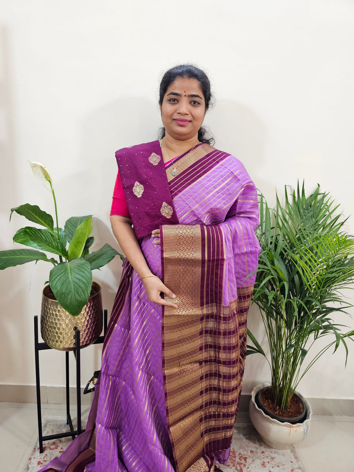 Semi Tussar Georgette with Zari Woven Saree Border - Lavender with Dark Purple