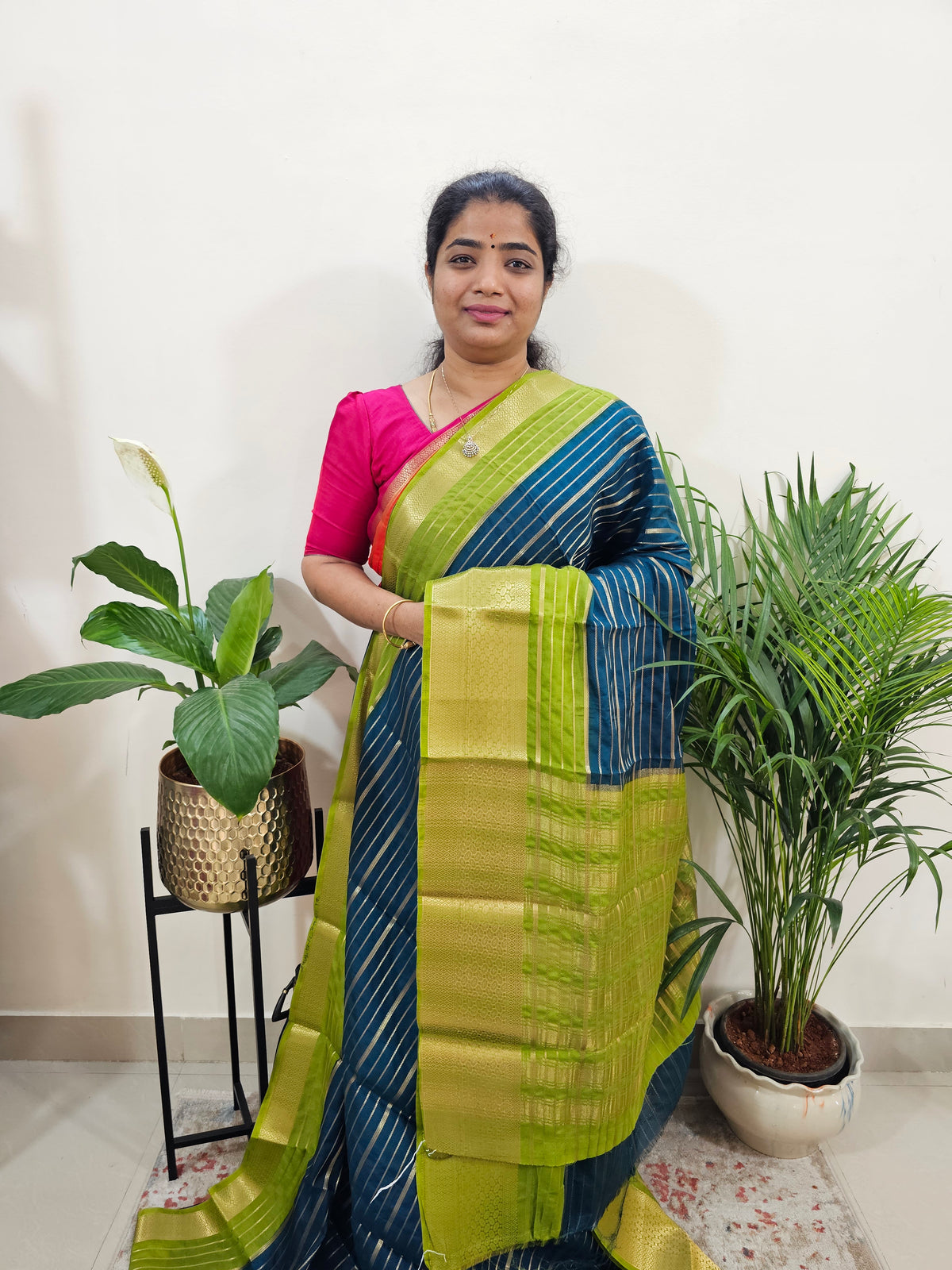 Semi Tussar Georgette with Zari Woven Saree Border - Peacock Green with Green