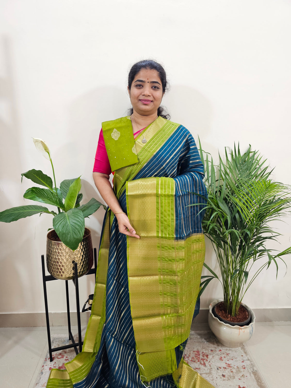 Semi Tussar Georgette with Zari Woven Saree Border - Peacock Green with Green