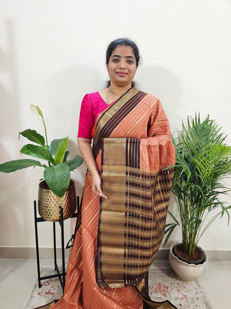 Semi Tussar Georgette with Zari Woven Saree Border - Peach with Brown