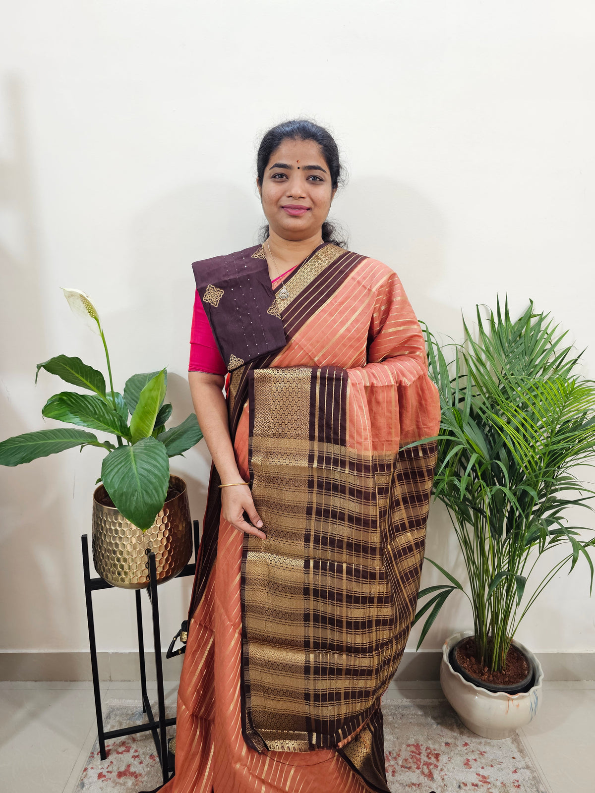 Semi Tussar Georgette with Zari Woven Saree Border - Peach with Brown