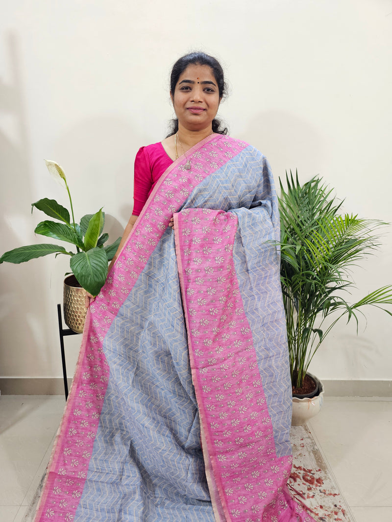 Semi Ghicha Digital Printed Saree - Blue with Pink