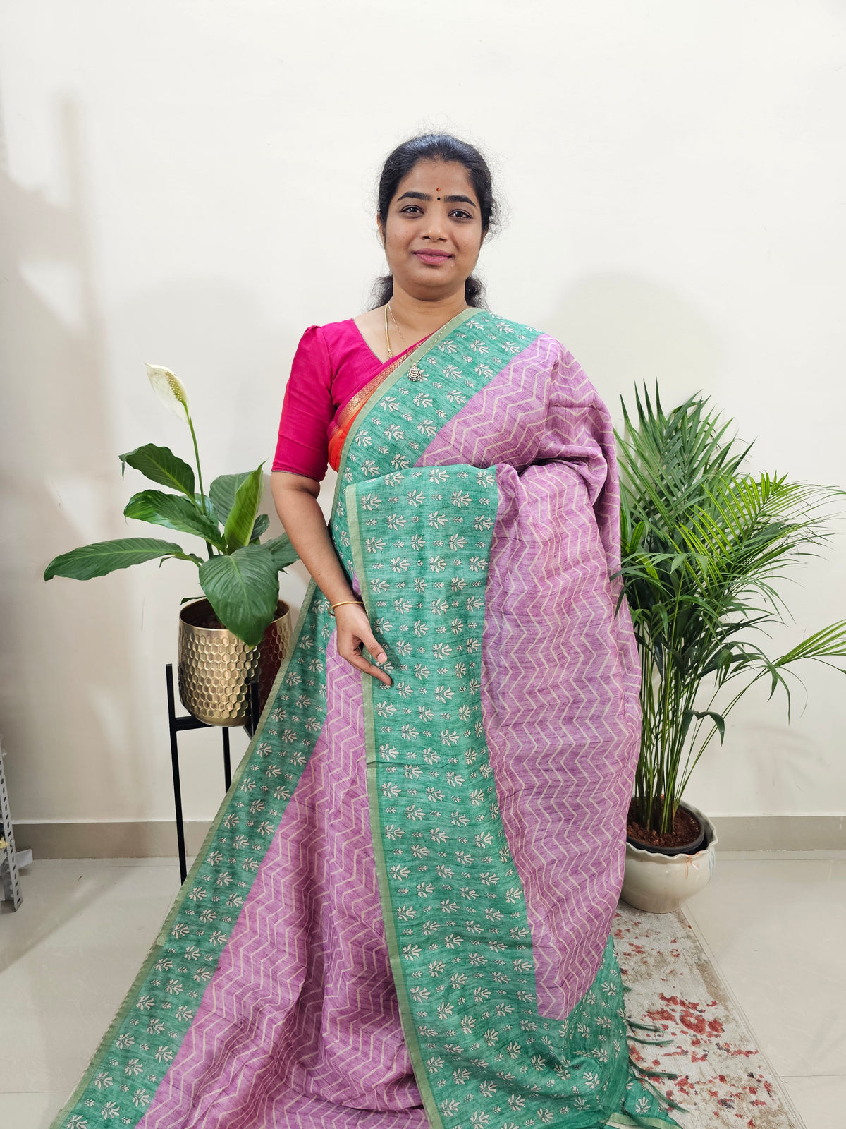 Semi Ghicha Digital Printed Saree - Purple with Green