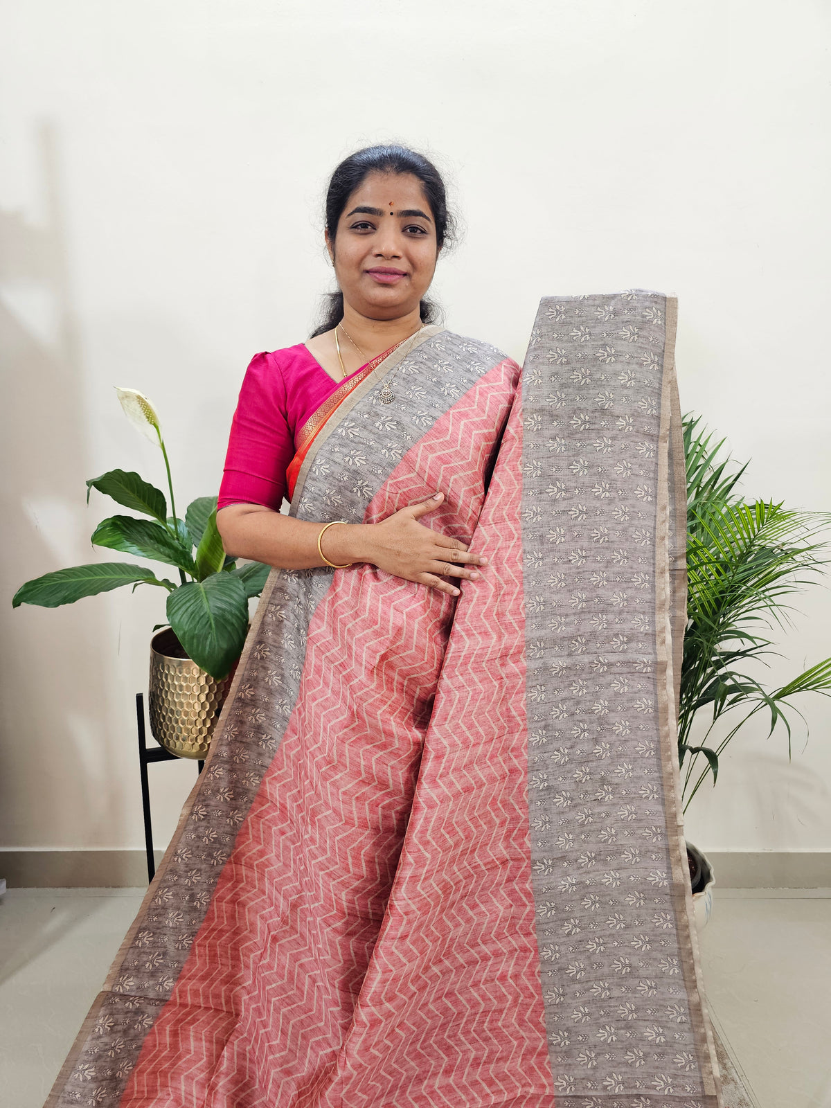 Semi Ghicha Digital Printed Saree - Peach with Grey