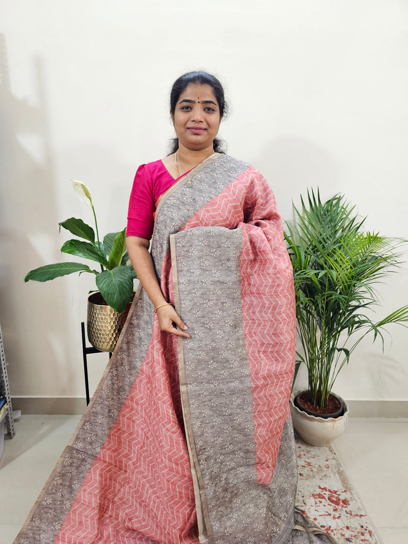 Semi Ghicha Digital Printed Saree - Peach with Grey