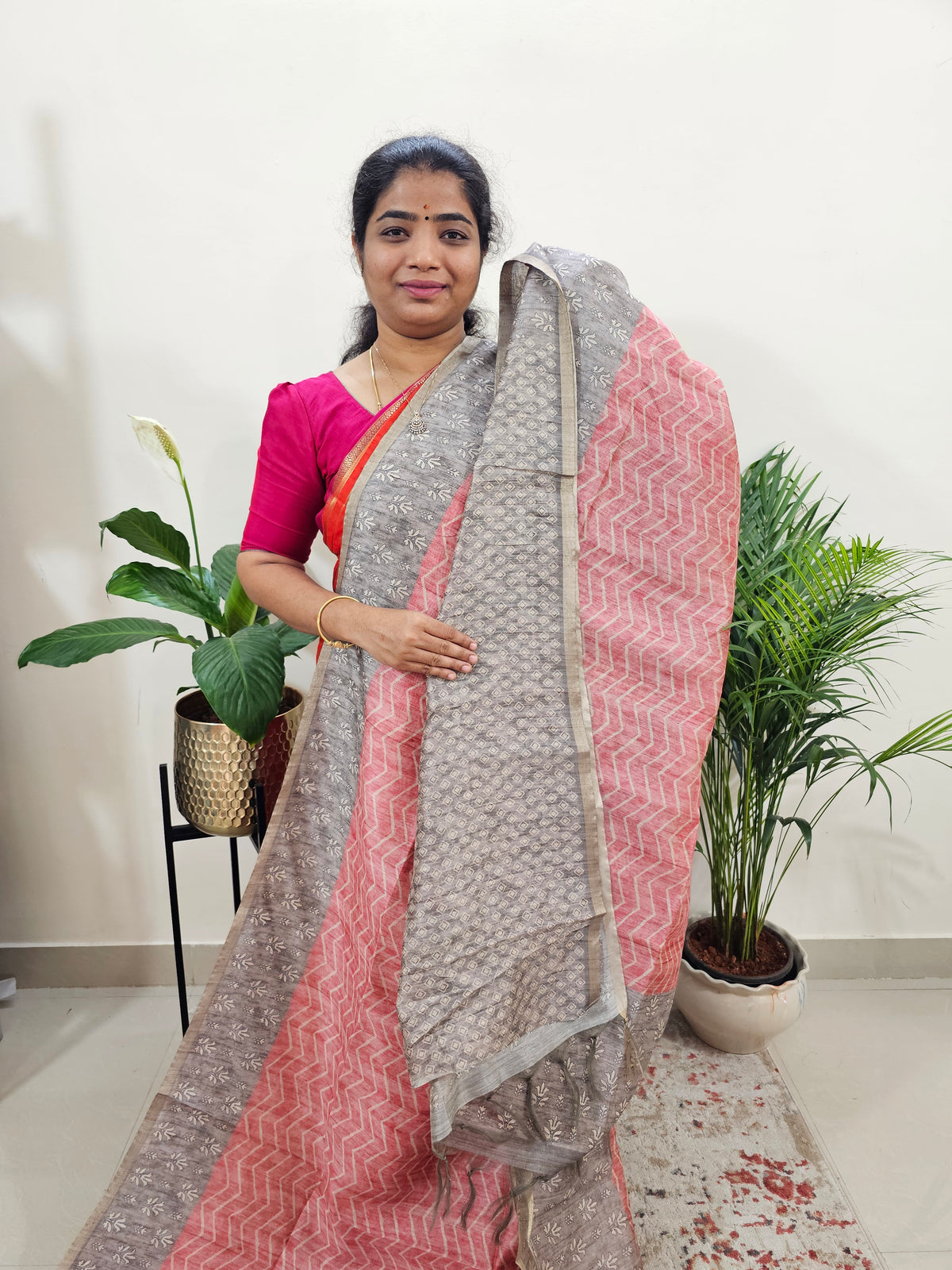 Semi Ghicha Digital Printed Saree - Peach with Grey