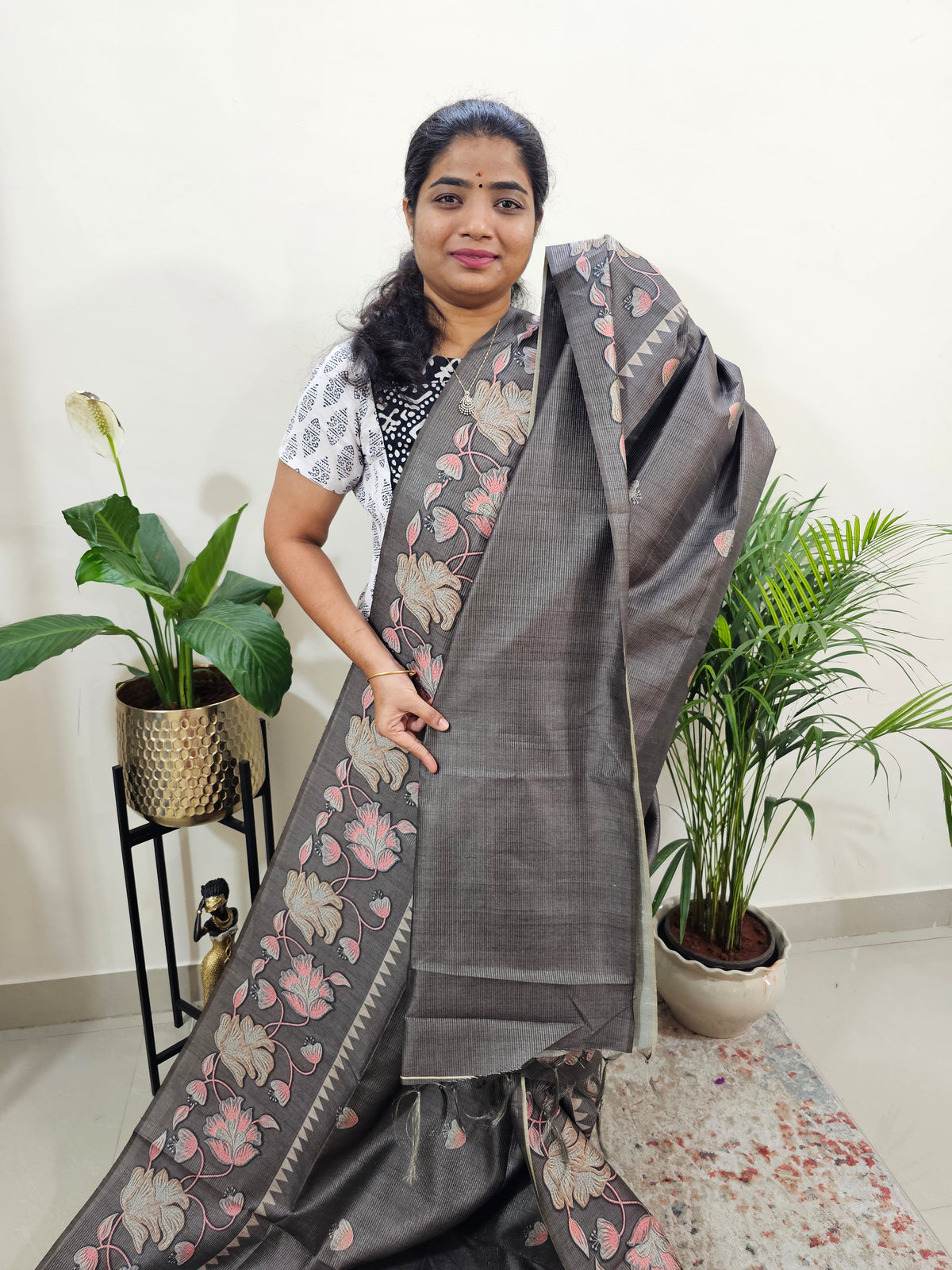 Semi Tussar with Striped Zari Weaving Saree - Grey