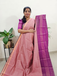 Semi Raw Silk Saree - Pastel Peach with Magenta Pink