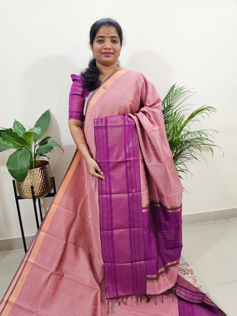 Semi Raw Silk Saree - Pastel Peach with Magenta Pink