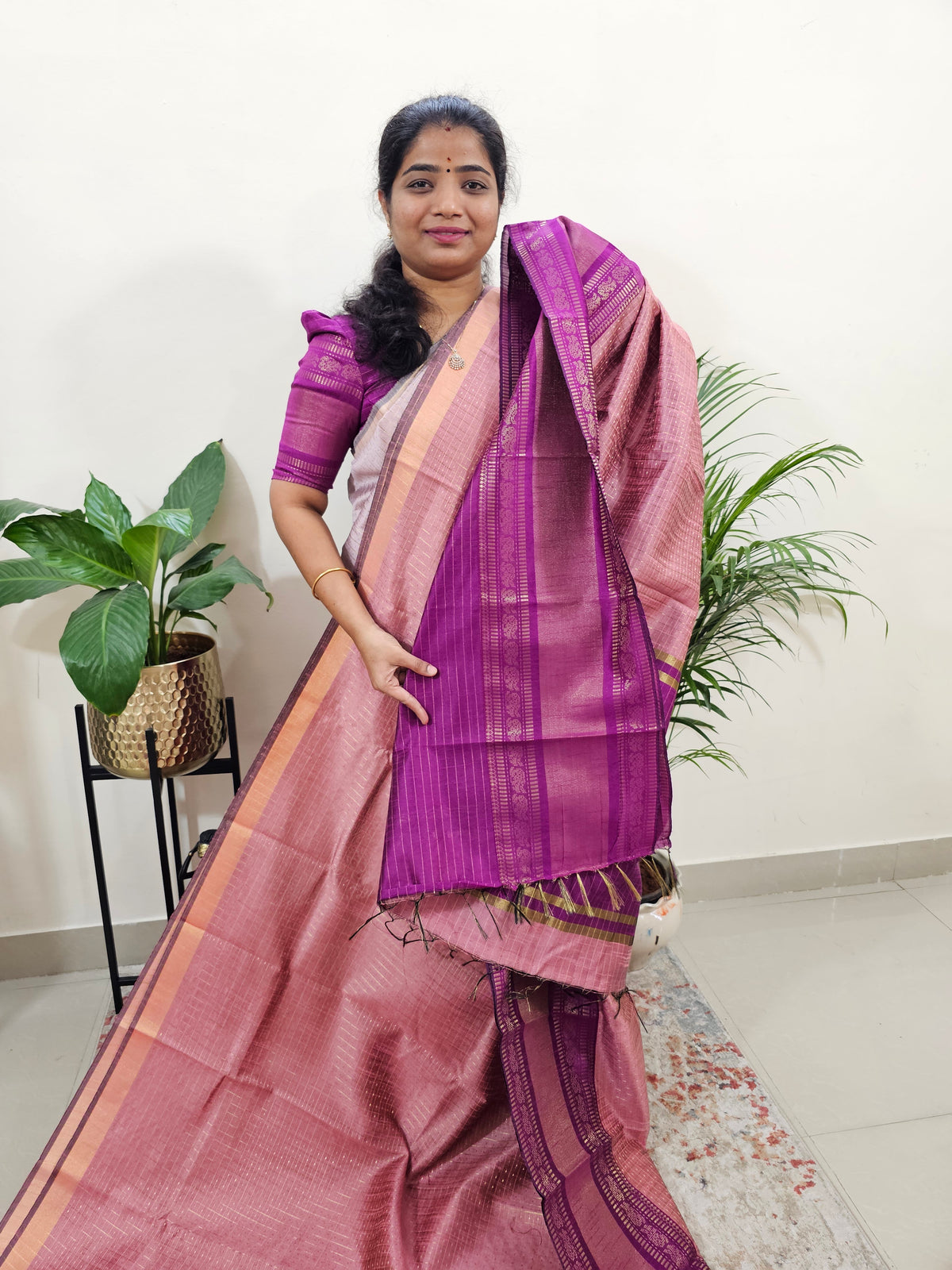 Semi Raw Silk Saree - Pastel Peach with Magenta Pink