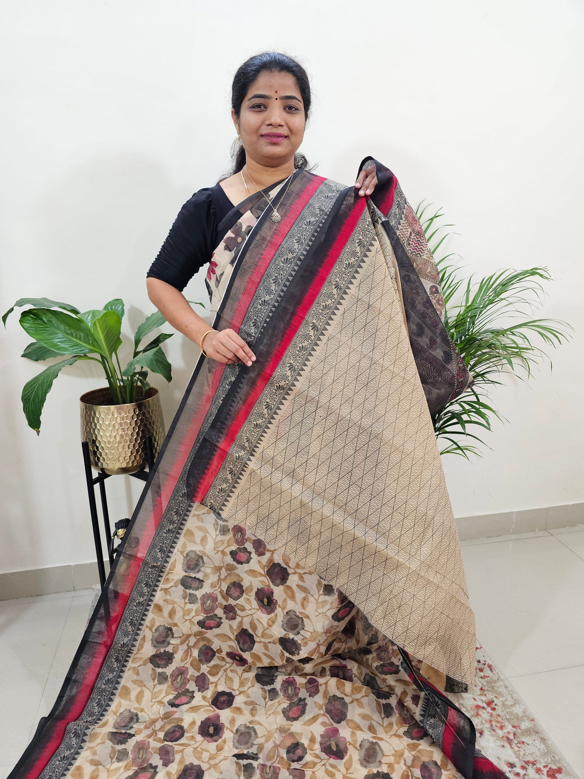 Premium  Super Net Kota Saree Cream with Black