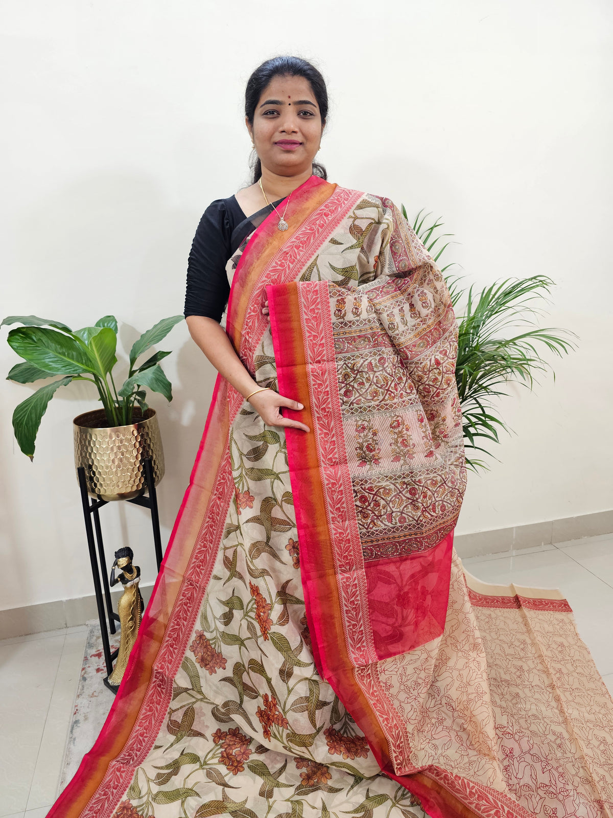 Premium  Super Net Kota Saree - Cream with Red