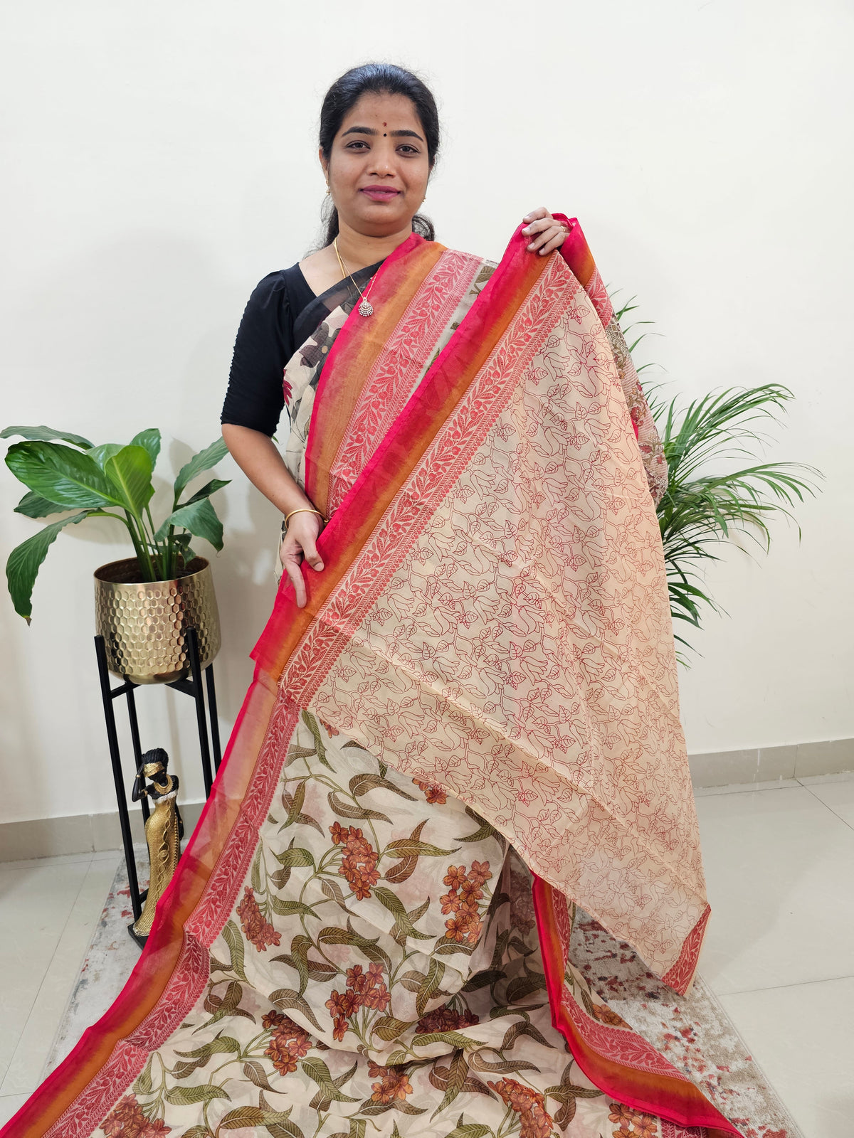 Premium  Super Net Kota Saree - Cream with Red