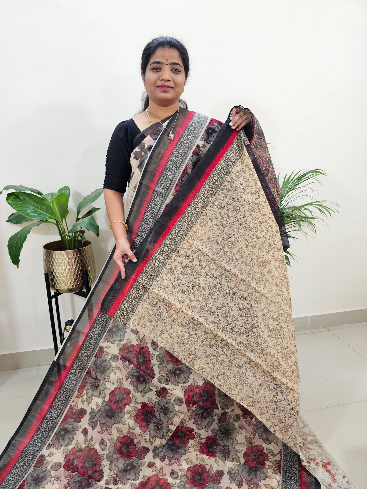 Premium  Super Net Kota Saree -Cream with Black