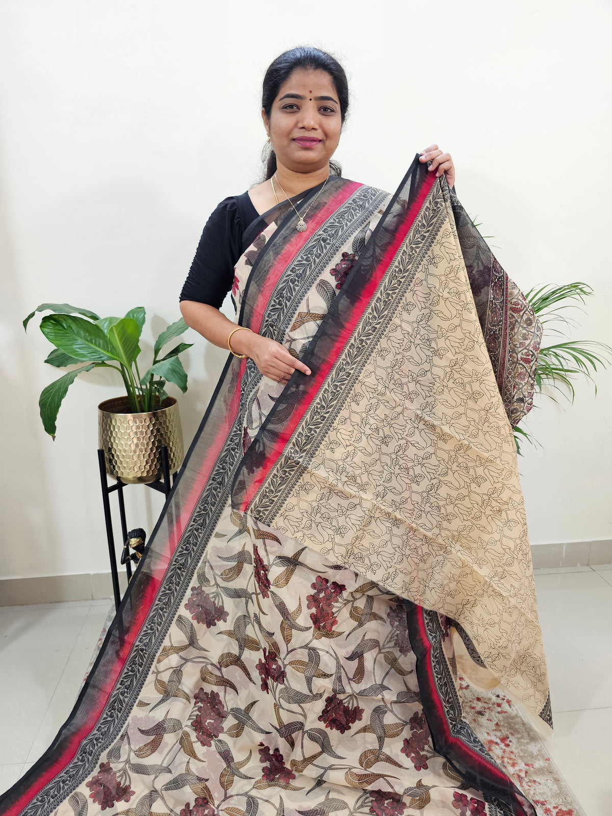 Premium  Super Net Kota Saree - Cream with Black