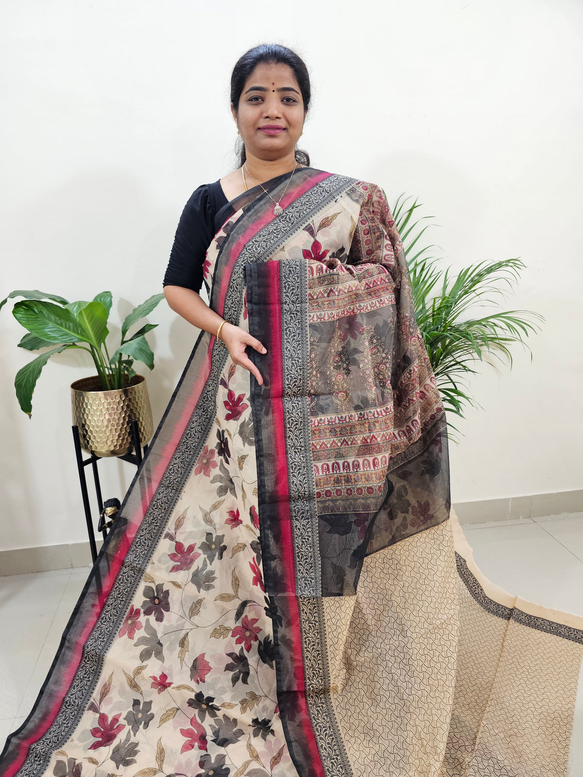 Premium  Super Net Kota Saree - Cream with Black