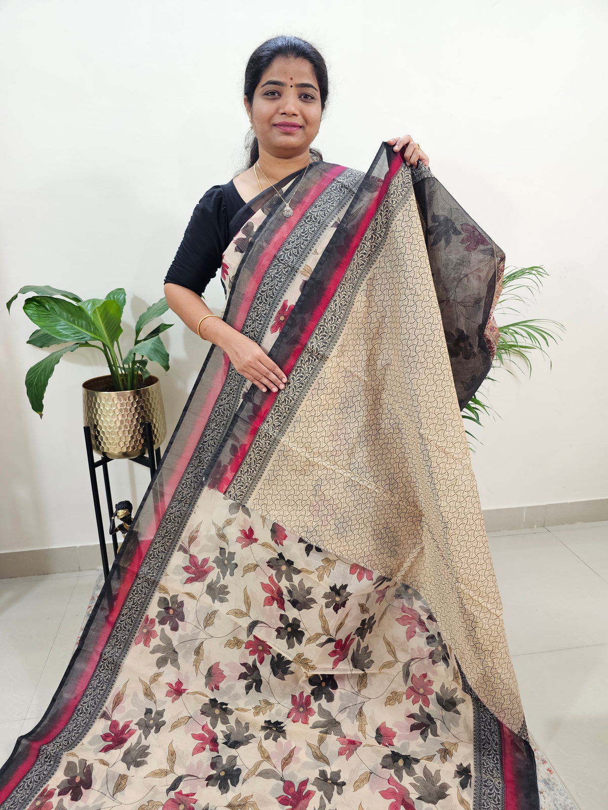 Premium  Super Net Kota Saree - Cream with Black