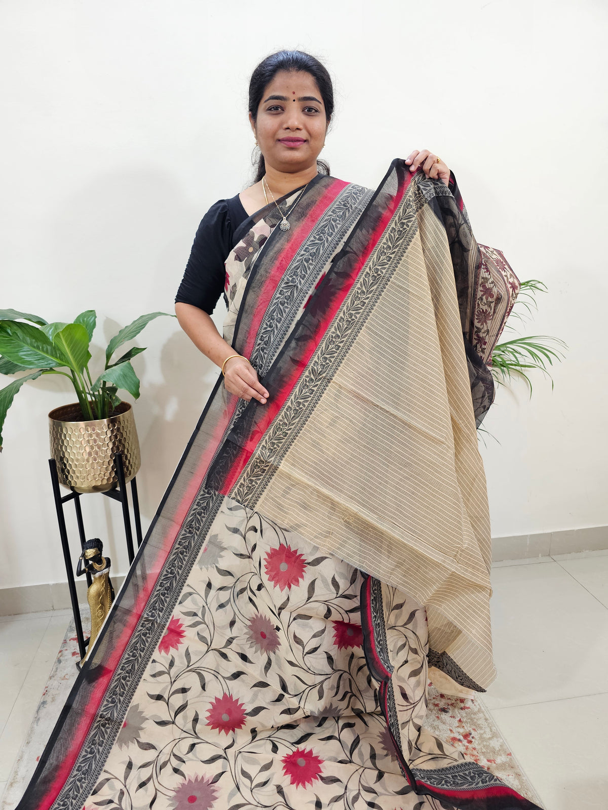 Premium  Super Net Kota Saree - Cream with Black