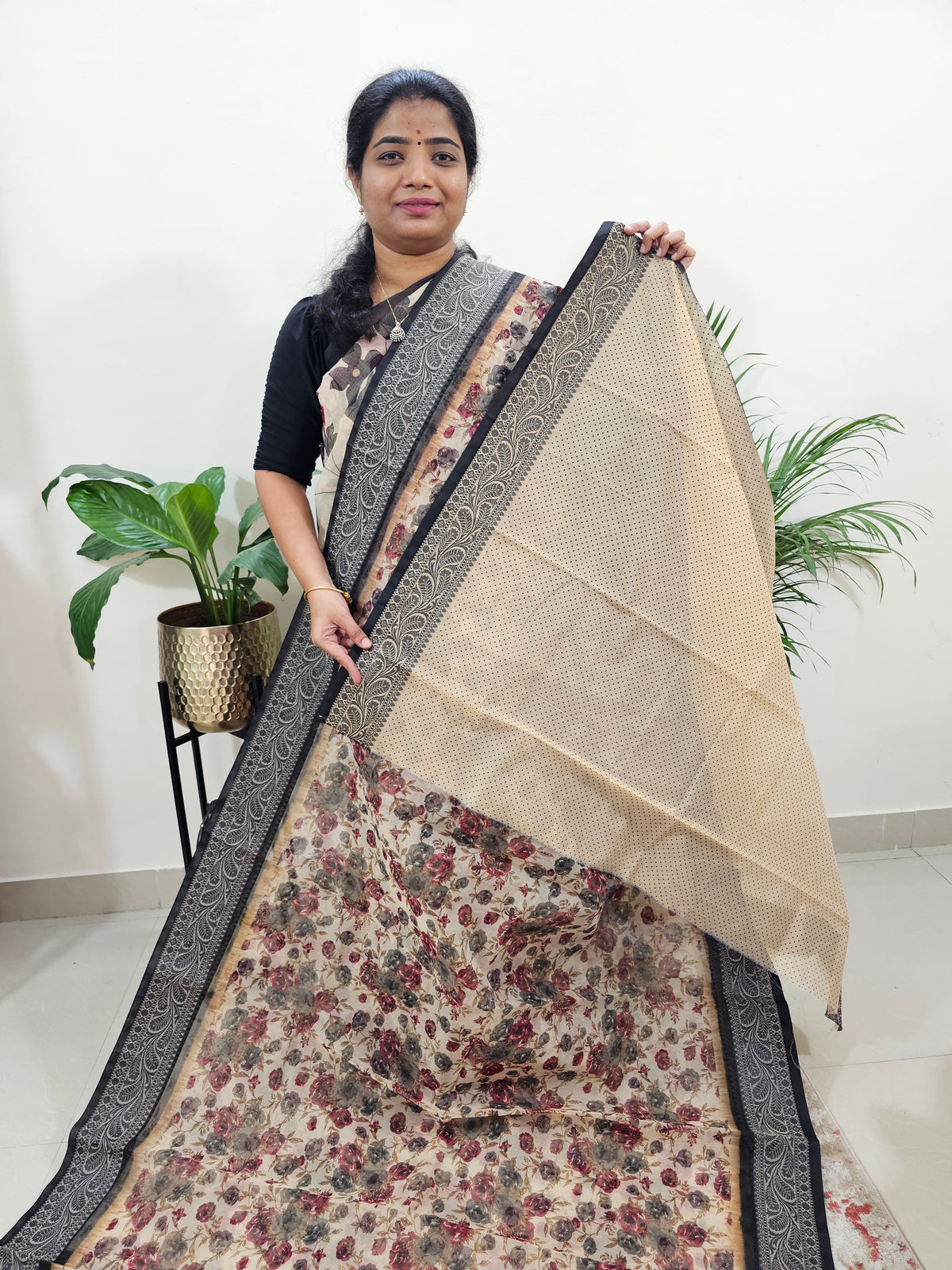 Premium  Super Net Kota Saree - Cream with Black