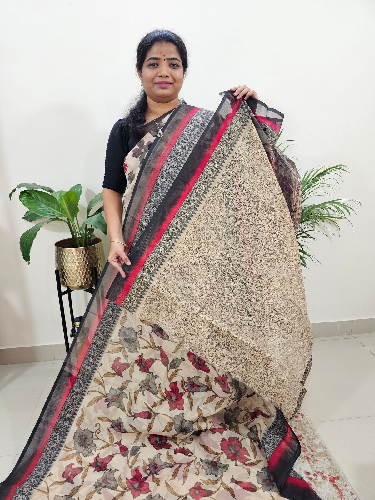 Premium  Super Net Kota Saree - Cream with Black