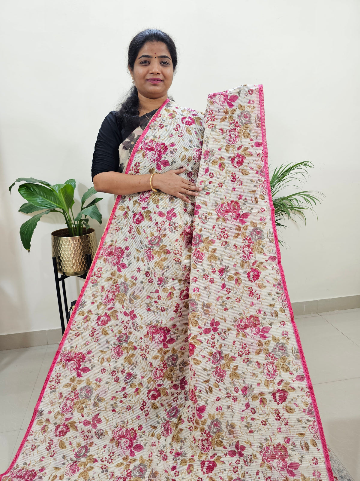 Premium Super Net Kota Saree - Off-white Floral