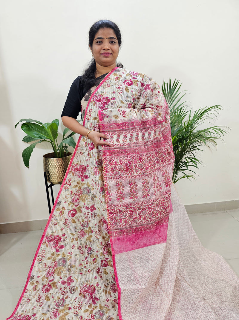 Premium Super Net Kota Saree - Off-white Floral