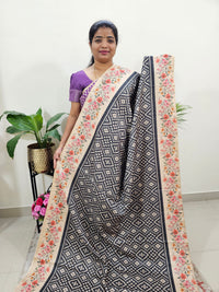 Semi Tussar Digital Prints with Contrast Border - Black with Floral Border