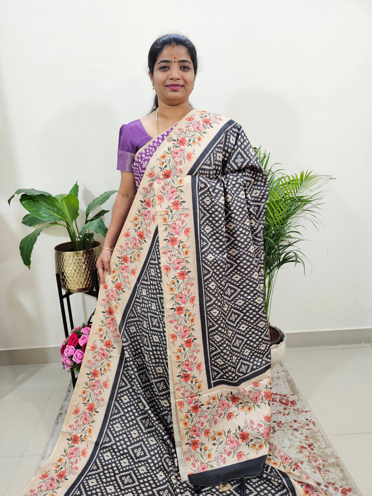 Semi Tussar Digital Prints with Contrast Border - Black with Floral Border