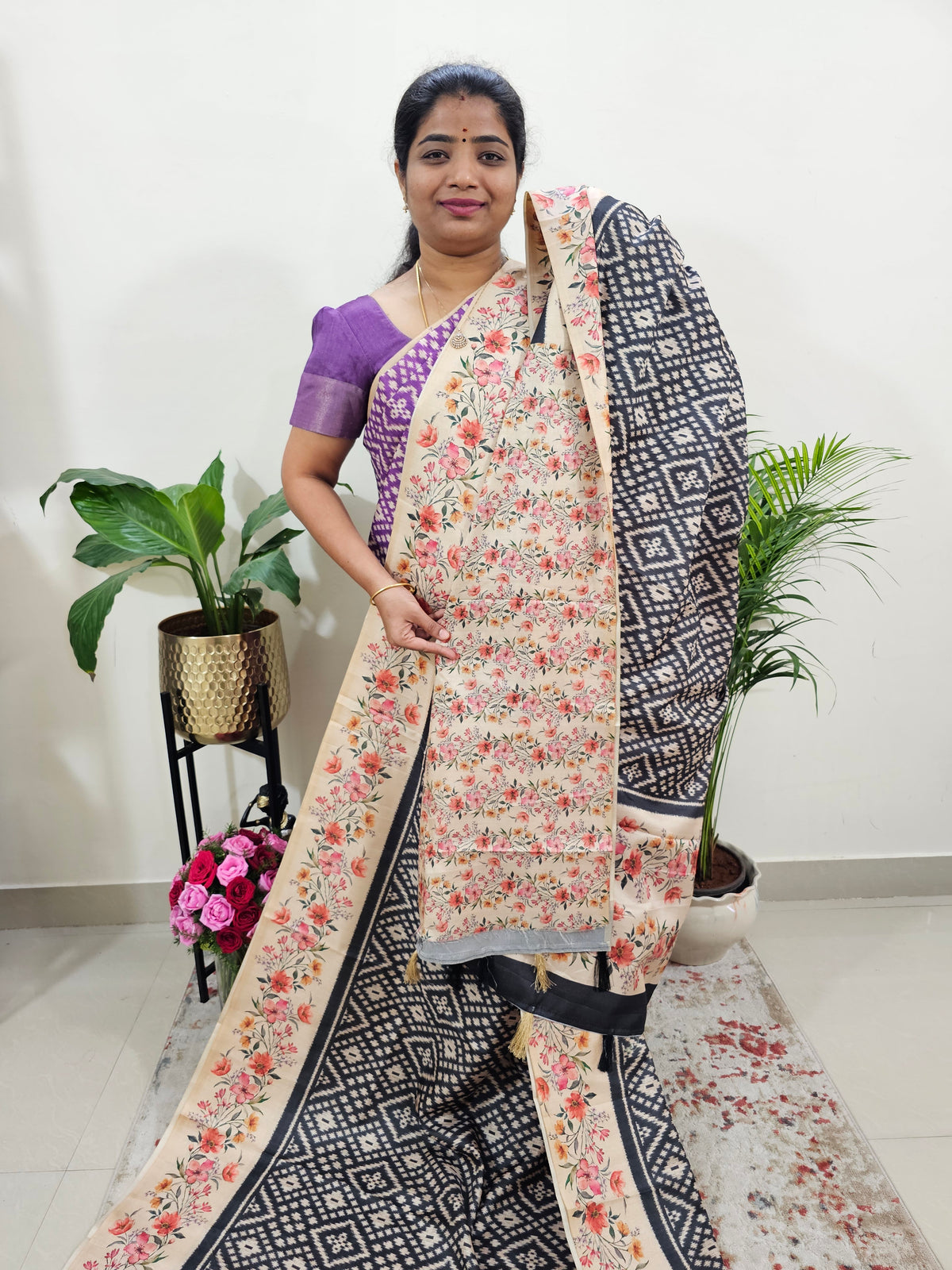 Semi Tussar Digital Prints with Contrast Border - Black with Floral Border