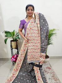 Semi Tussar Digital Prints with Contrast Border - Black with Floral Border