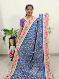 Semi Tussar Digital Prints with Contrast Border -  Dark Blue with Floral Border