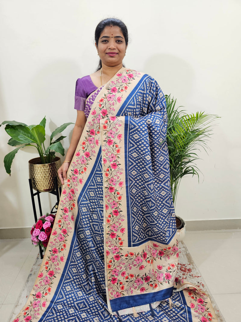 Semi Tussar Digital Prints with Contrast Border -  Dark Blue with Floral Border