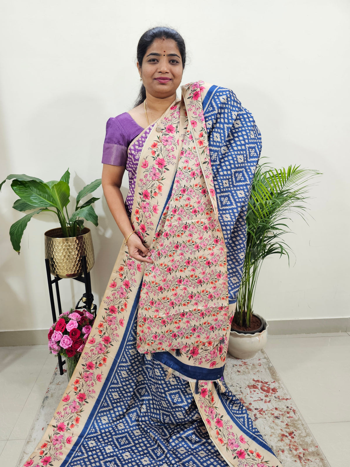 Semi Tussar Digital Prints with Contrast Border -  Dark Blue with Floral Border