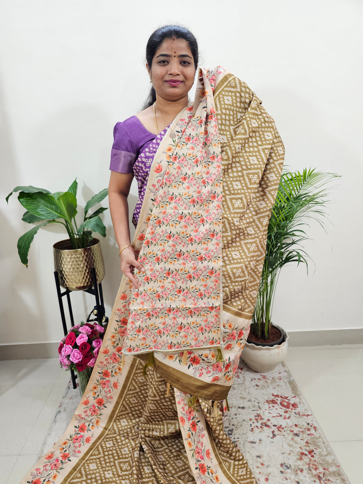 Semi Tussar Digital Prints with Contrast Border - Mehndi Green with Floral Border